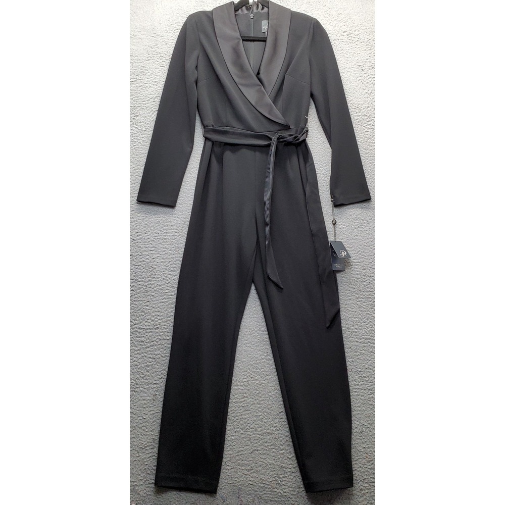 Adrianna Papell Tuxedo Jumpsuit Women 6 Black Satin Shawl Collar Belted Back Zip